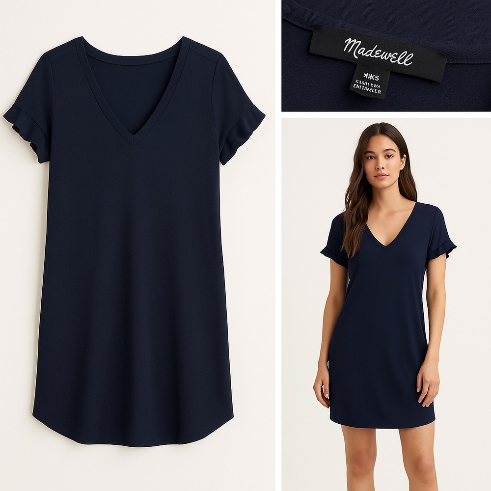 Madewell Navy V-Neck Short Sleeve Ruffle Dress Size XXS Fits XS